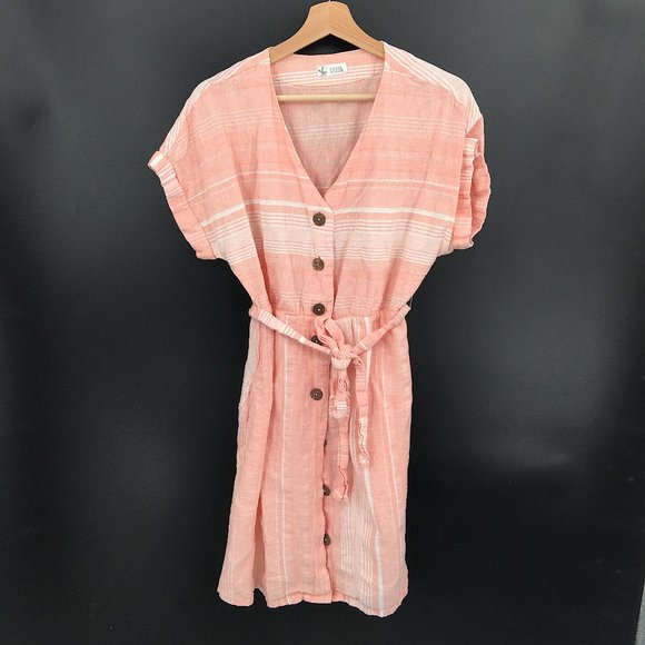 Carve Designs linen v-neck button front short sleeved shirt dress pink stripe S - Picture 1 of 10
